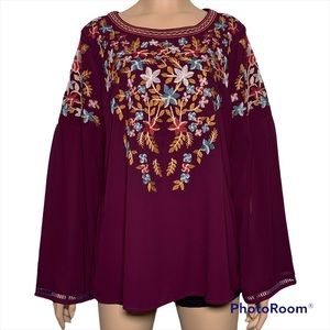 Skies Are Blue Embroidered Floral Peasant Top Womens Large Purple L/S Boho